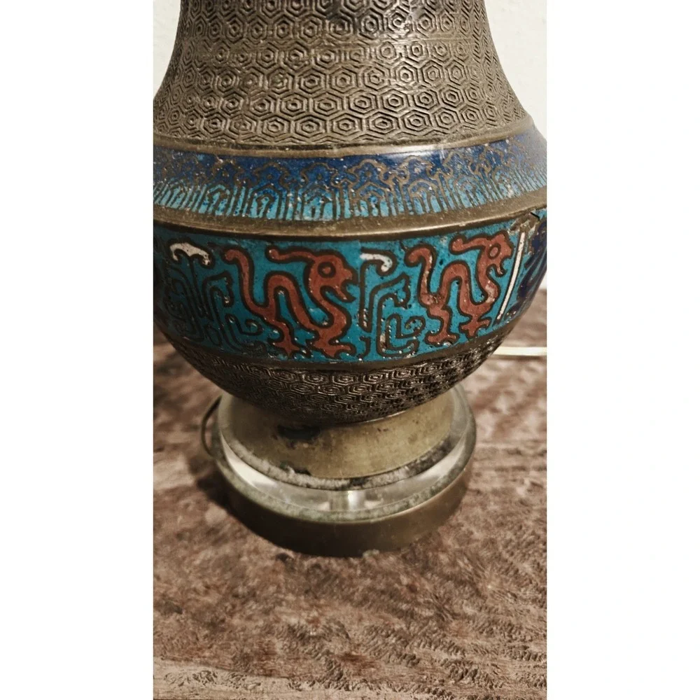 Vintage Japanese Champleve Bronze Enamel Cloisonne Table Lamp Works!